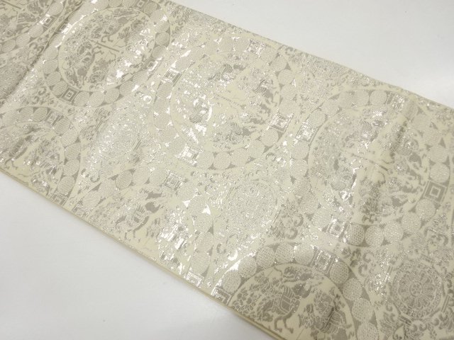 JAPANESE KIMONO / ANTIQUE FUKURO OBI / SILK / PLATINUM FOIL / WOVEN SHIKISHI PATTERNMON KINSHA /